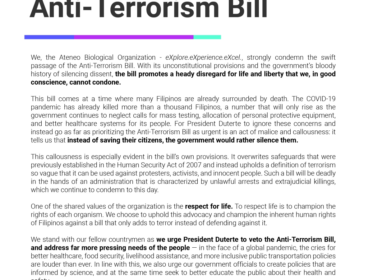 Statement Against the Anti-Terrorism Bill
